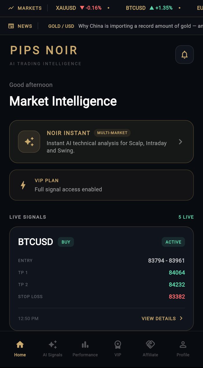 Pips Noir web app running on an iPhone, showing market and news tickers and live signals